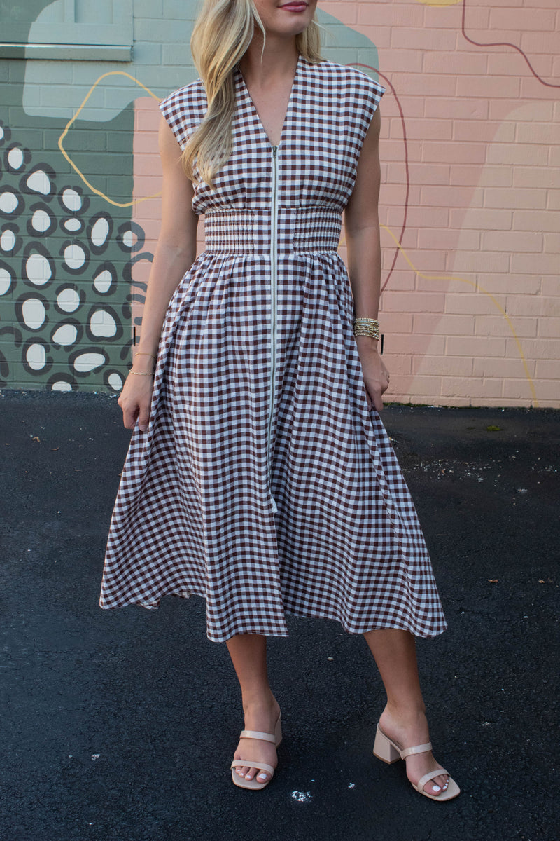 Millie Gingham Print Zip Up Dress, Chocolate