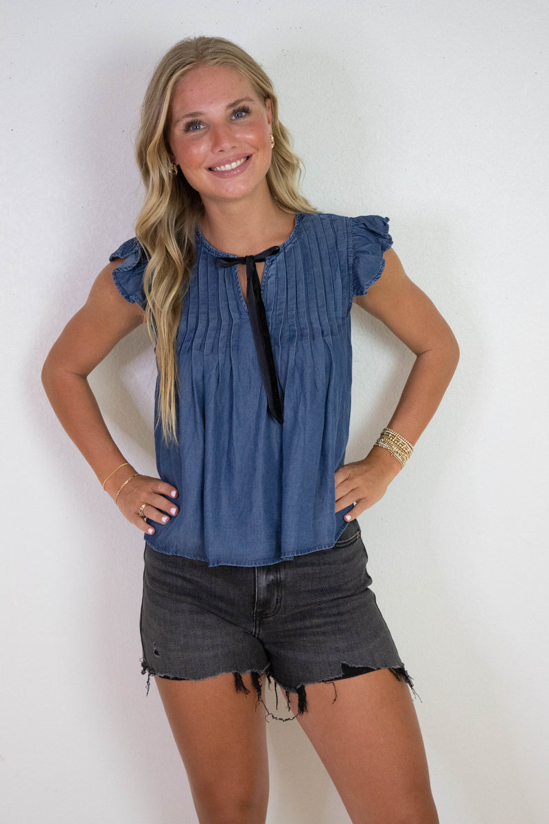 Rayna Contrast Front Tie Neck Top, Chambray