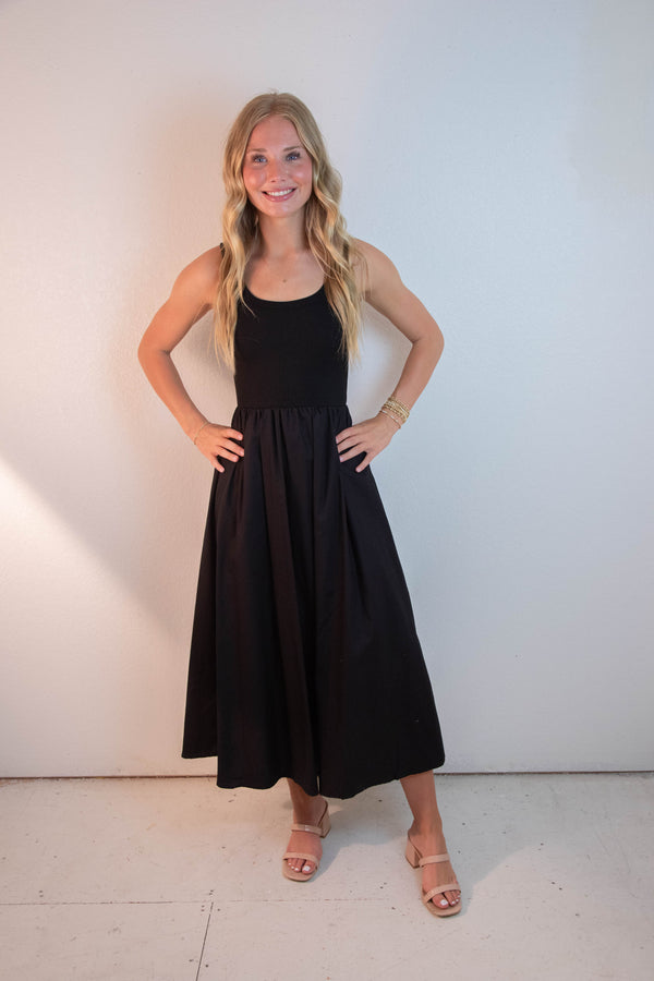 Rhea Mixed Media Midi Dress, Black