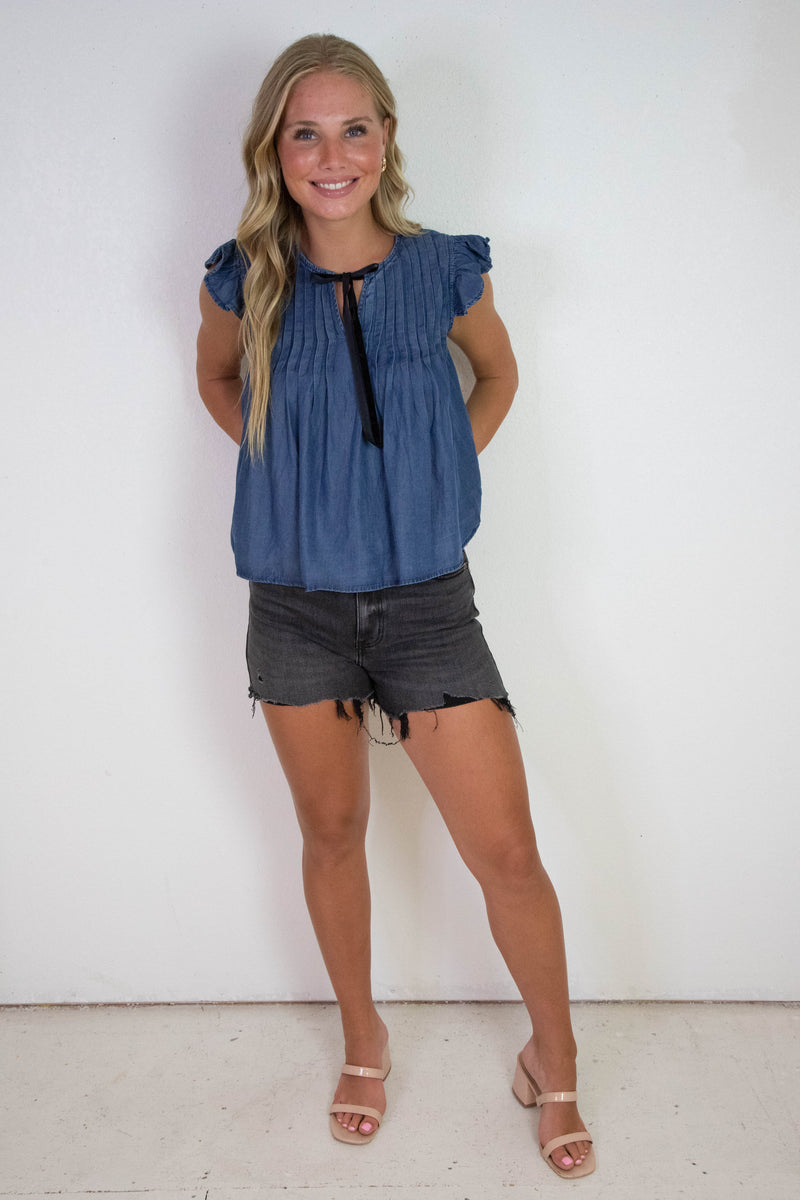 Rayna Contrast Front Tie Neck Top, Chambray