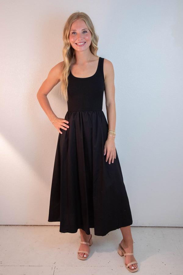 Rhea Mixed Media Midi Dress, Black
