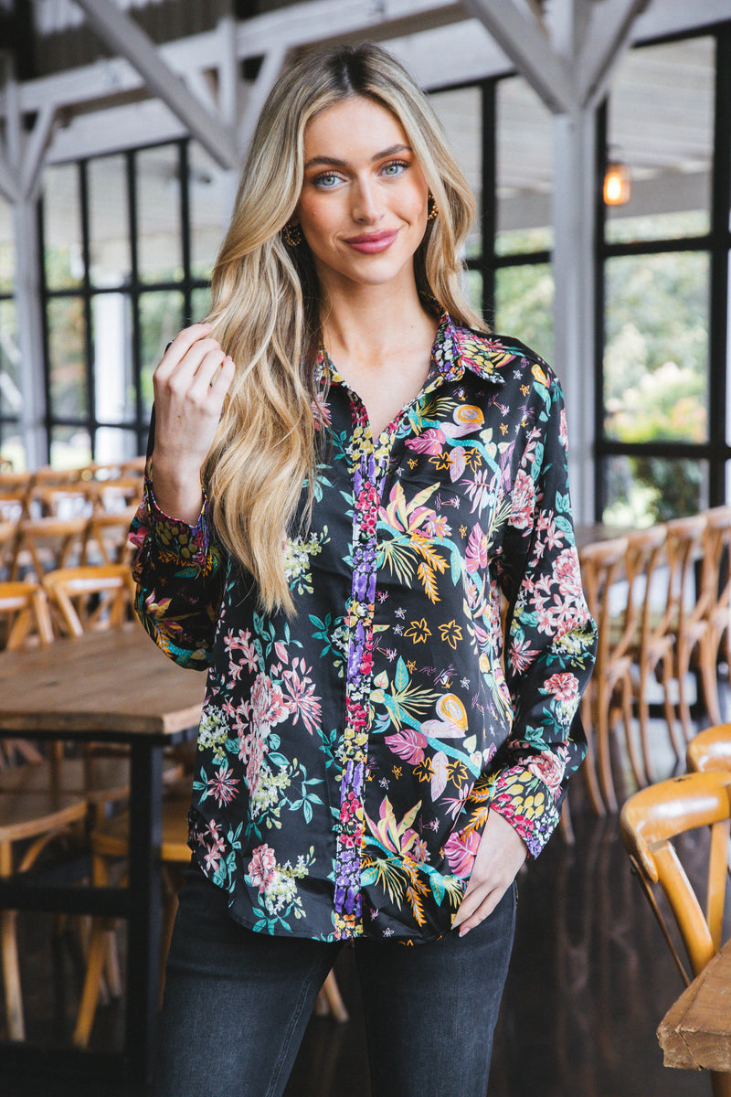 Novalee Printed Button Up Shirt, Black Mix