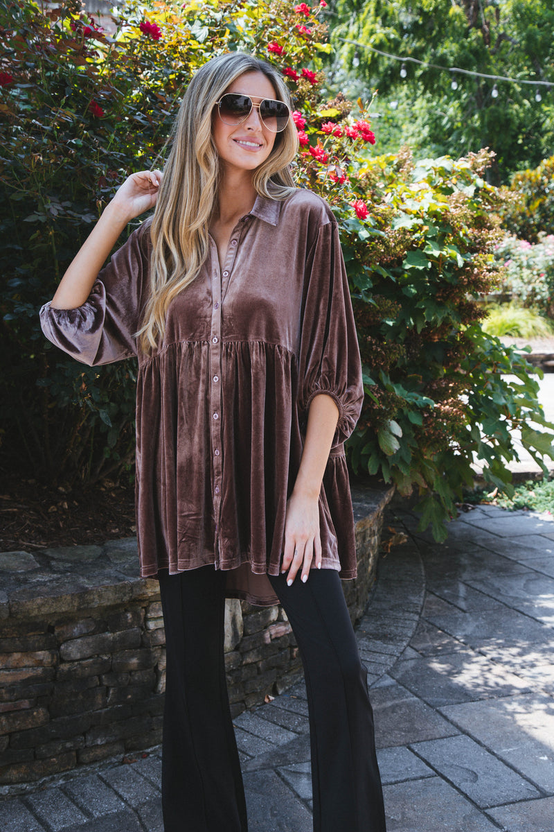 Vanna Velvet Babydoll Shirt, Almond