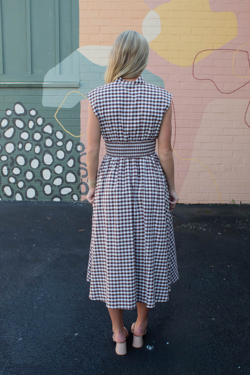 Millie Gingham Print Zip Up Dress, Chocolate