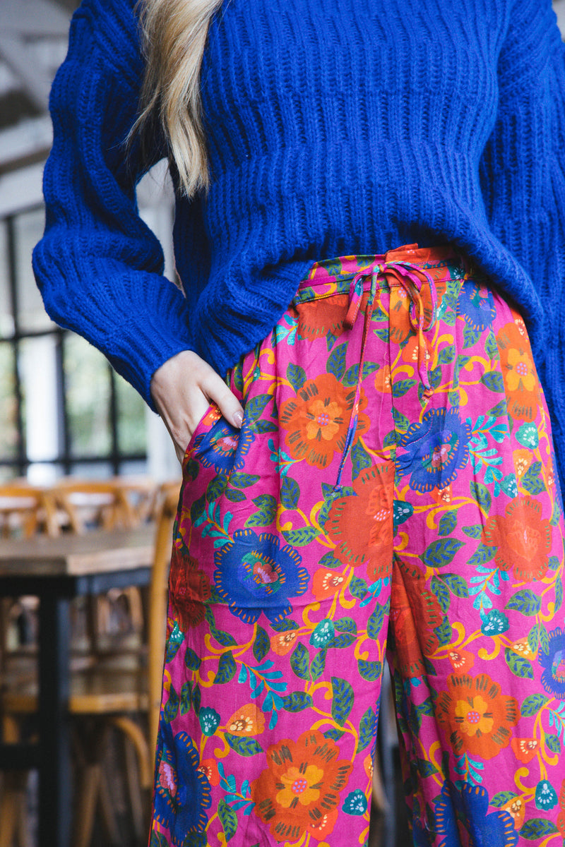 Zinnia Floral Pants, Fuchsia Floral