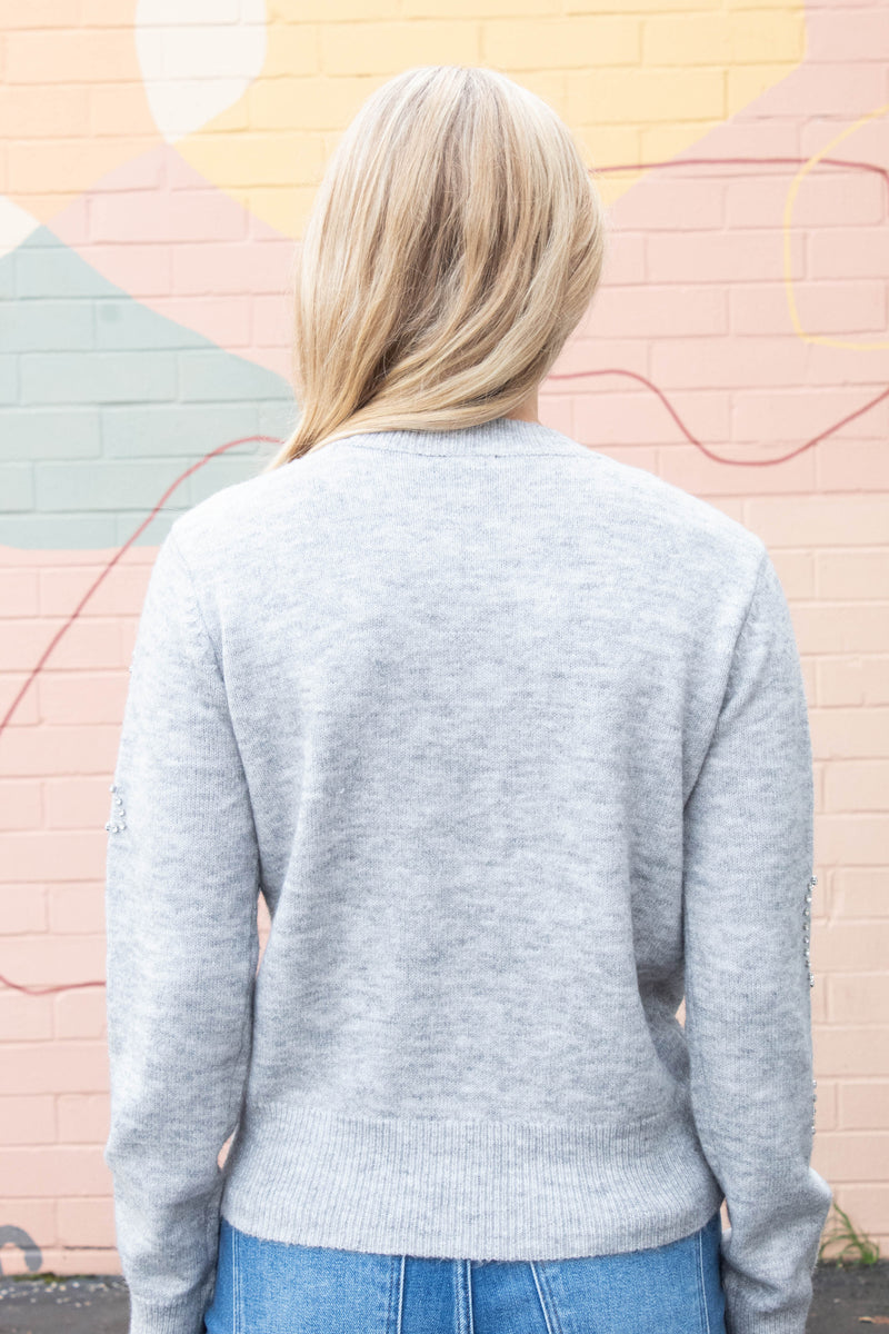 Ginevra Rhinestone Bow Sweater, Light Grey Melange | RD Style