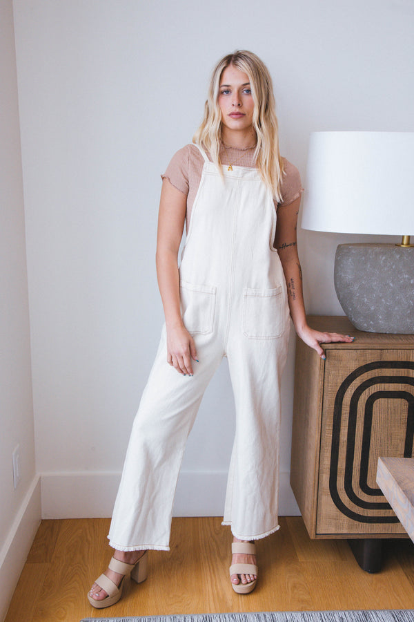 Genevieve Denim Overall Jumpsuit, Oatmeal
