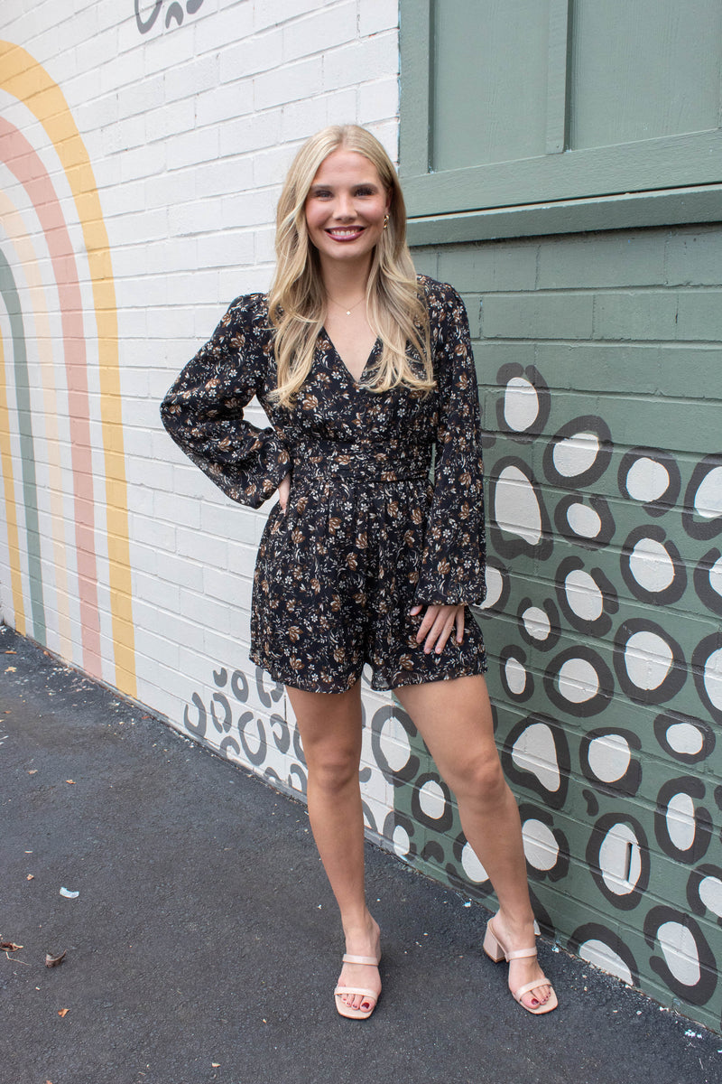 Timeless Flowy Elastic Waist Romper, Black Multi | Sadie & Sage
