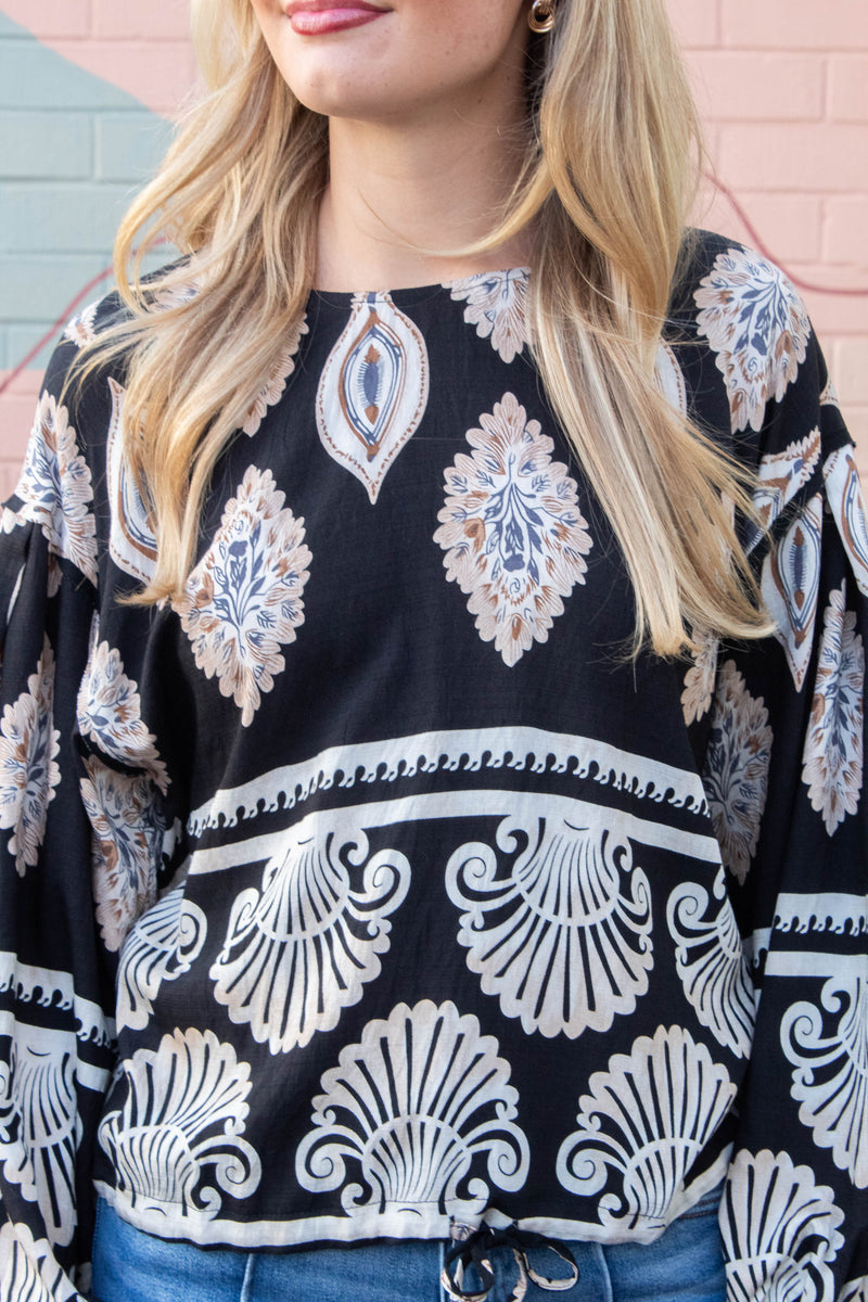 Kehlani Boho Print Blouse, Black Mix