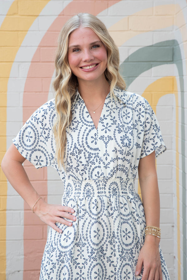 Holland Collared Smocked Waist Dress, Off White