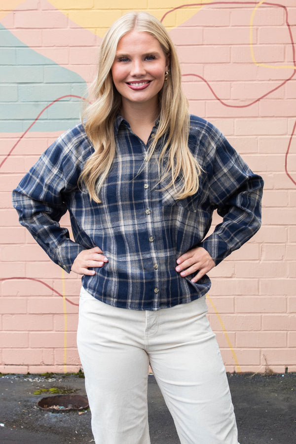 Kamryn Oversized Plaid Shirt, Navy
