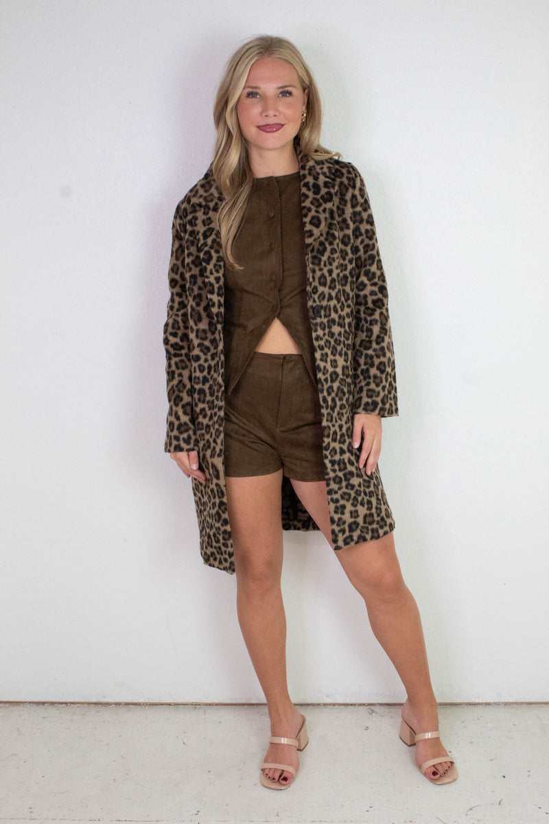 Natalie Leopard Print Long Coat, Brown