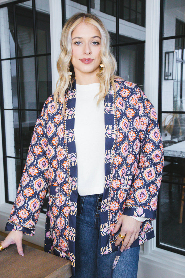 Adley Printed Long Quilted Jacket, Navy Pink
