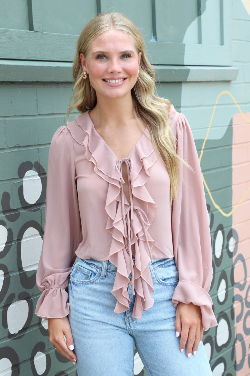 Greer Ruffled Tie Front Blouse, Mauve