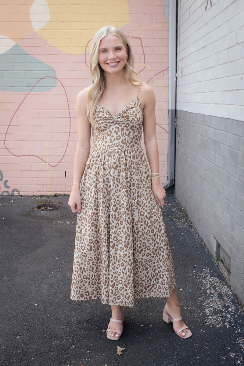 Claire Leopard Print Midi Dress, Taupe
