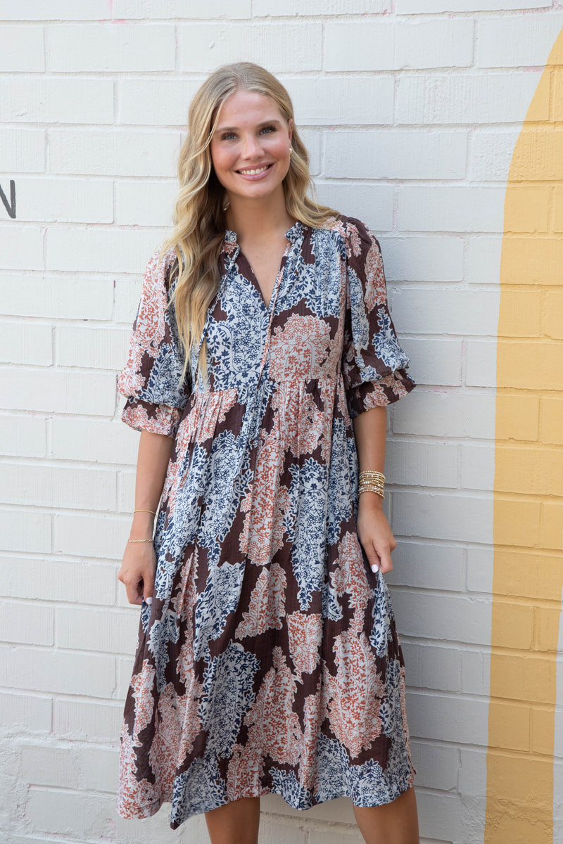 Amaris Paisley Print Midi Dress, Brown