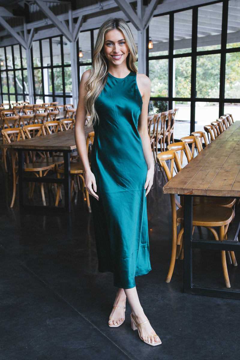 Afterglow Satin Long Dress, Hunter Green