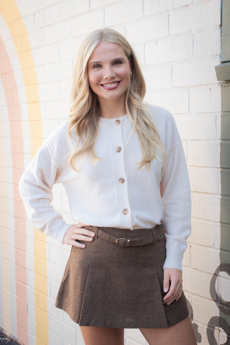 Aria Rib Trim Round Neck Cardigan, Ivory