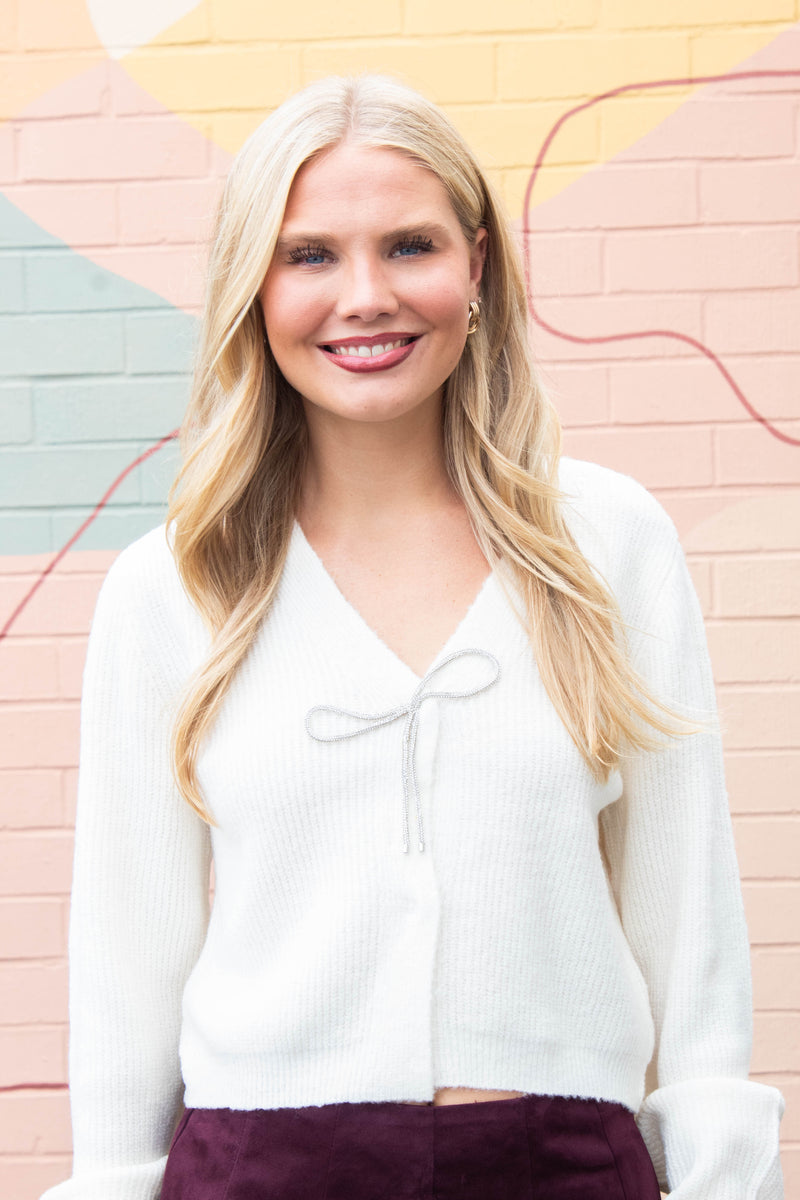 Marie Sparkly Bow Cardigan, Cream