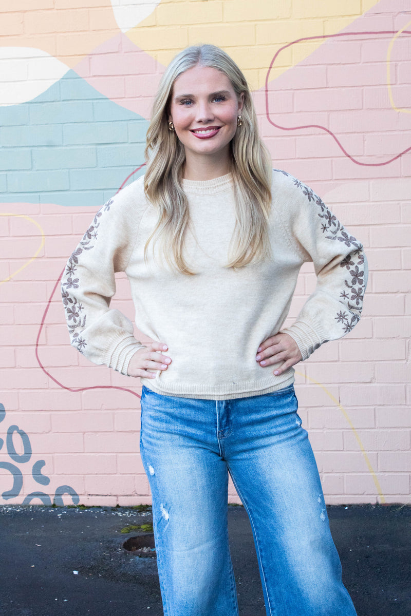 Angie Floral Embroidered Sweater, Oatmeal Brown