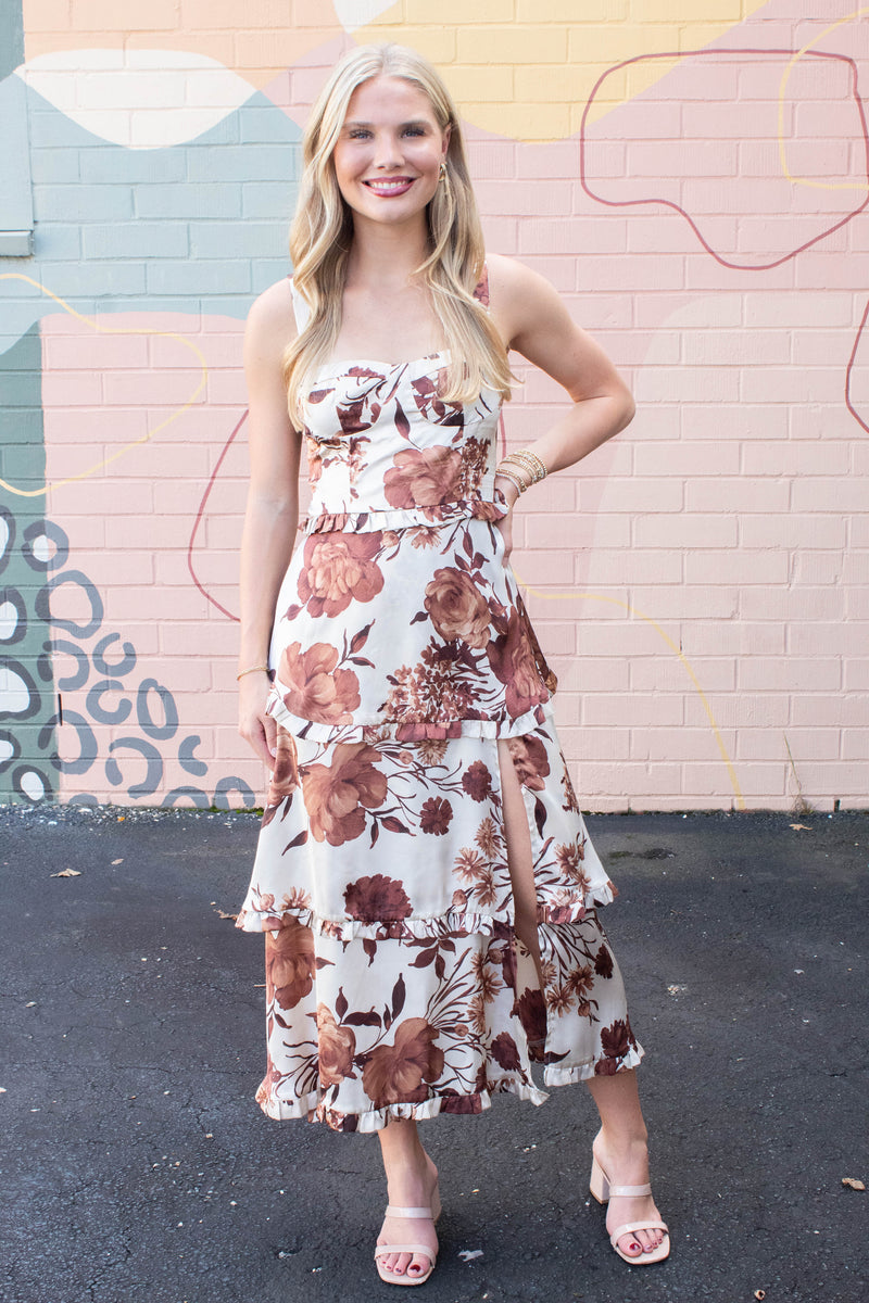 Blair Floral Tiered Satin Dress, Coffee Cream Brown