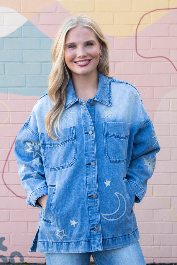 Ashley Embroidered Denim Jacket, Medium Wash