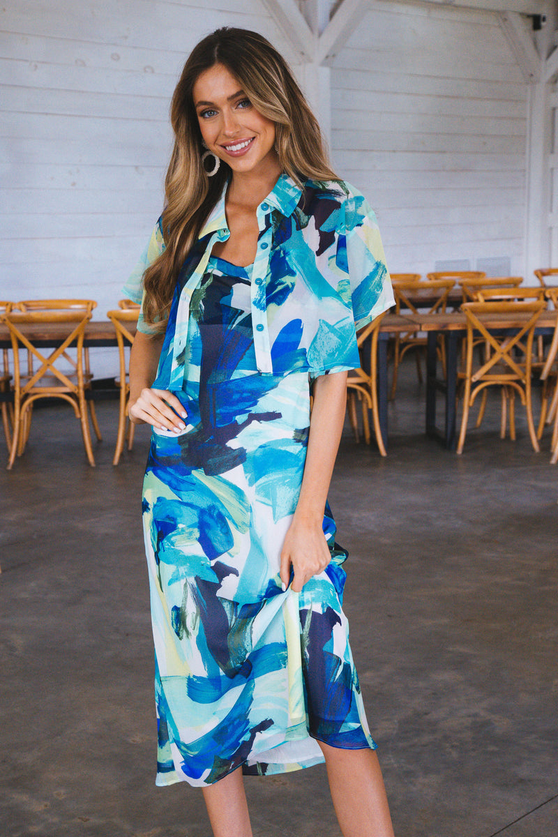 Fen Fold Neck Midi Dress, Blue Multi