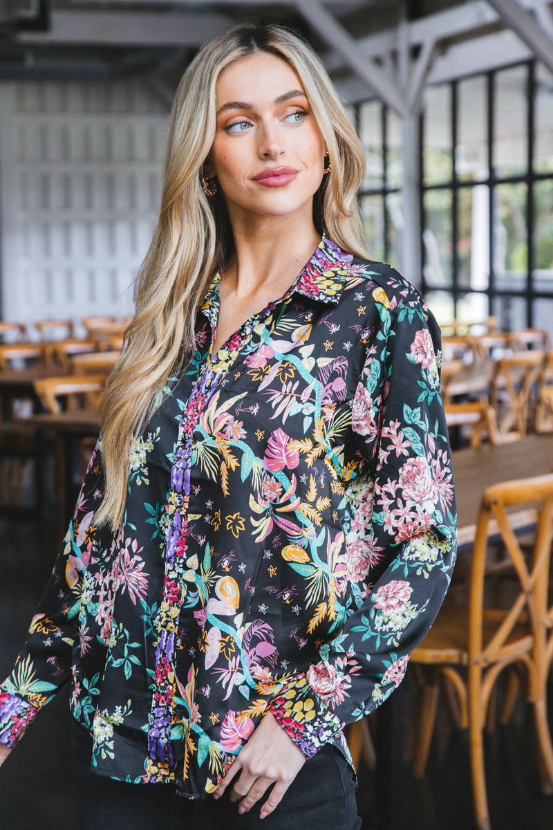 Novalee Printed Button Up Shirt, Black Mix
