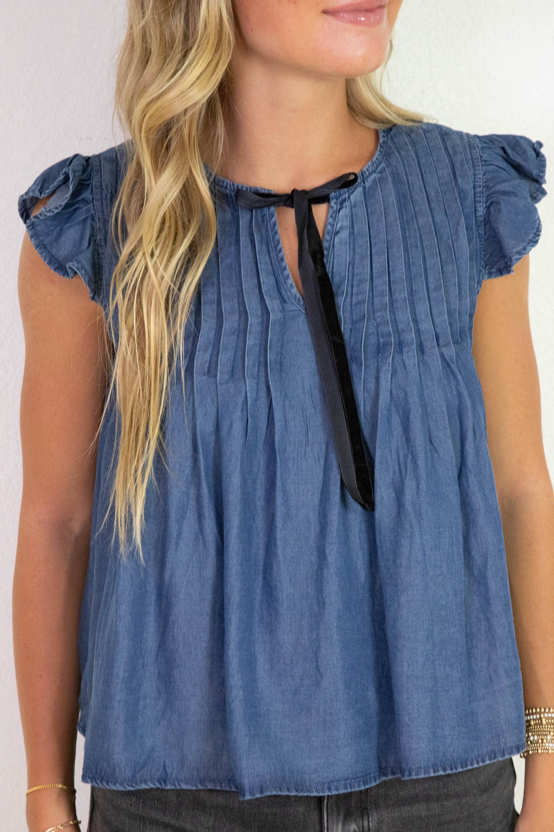 Rayna Contrast Front Tie Neck Top, Chambray