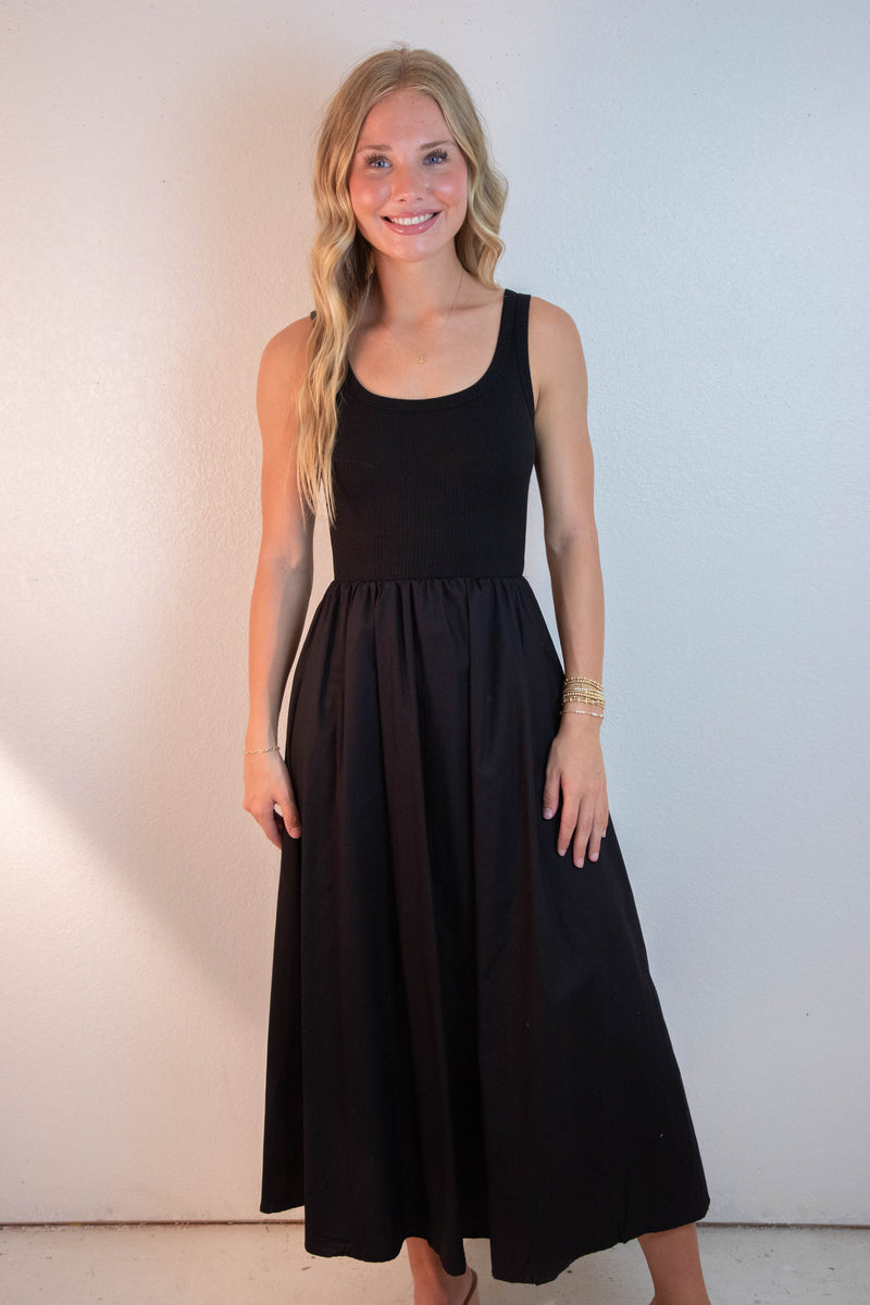 Rhea Mixed Media Midi Dress, Black