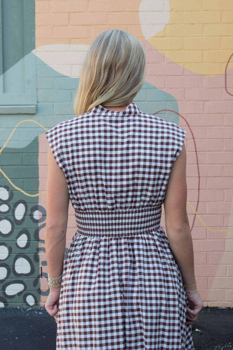 Millie Gingham Print Zip Up Dress, Chocolate