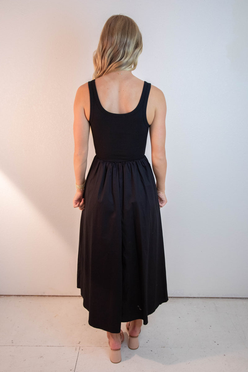 Rhea Mixed Media Midi Dress, Black