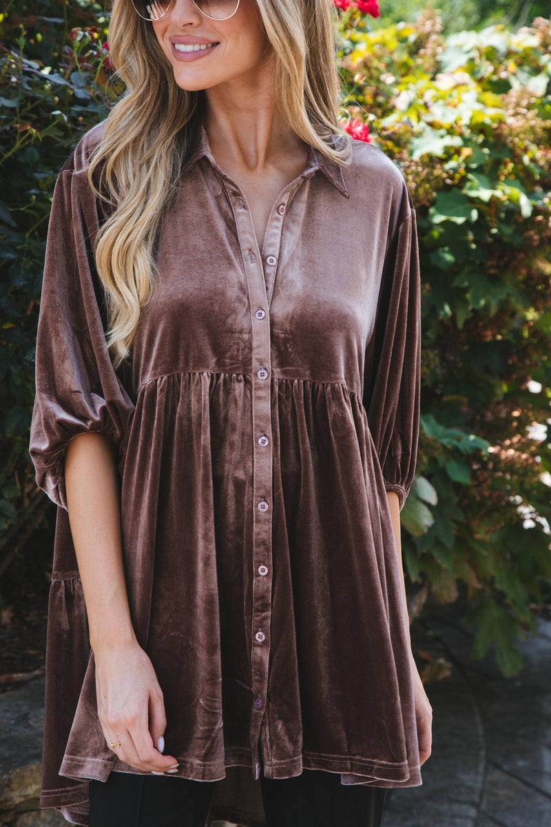 Vanna Velvet Babydoll Shirt, Almond