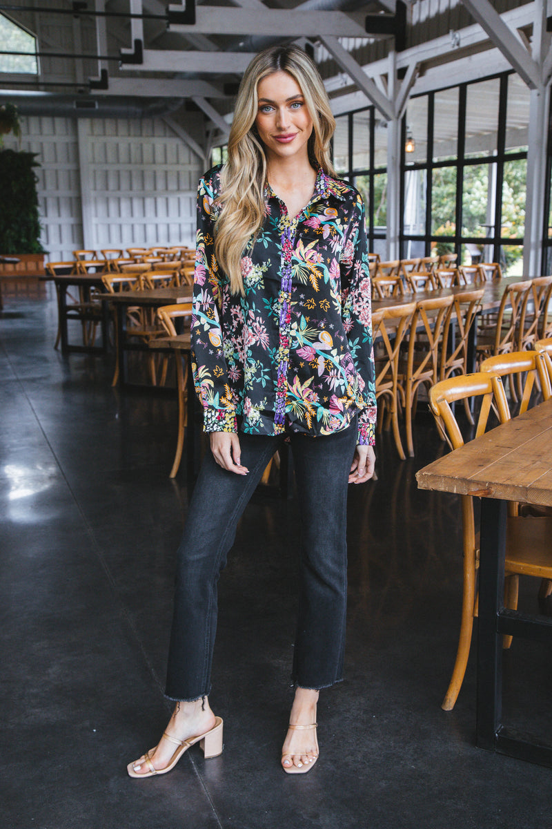 Novalee Printed Button Up Shirt, Black Mix