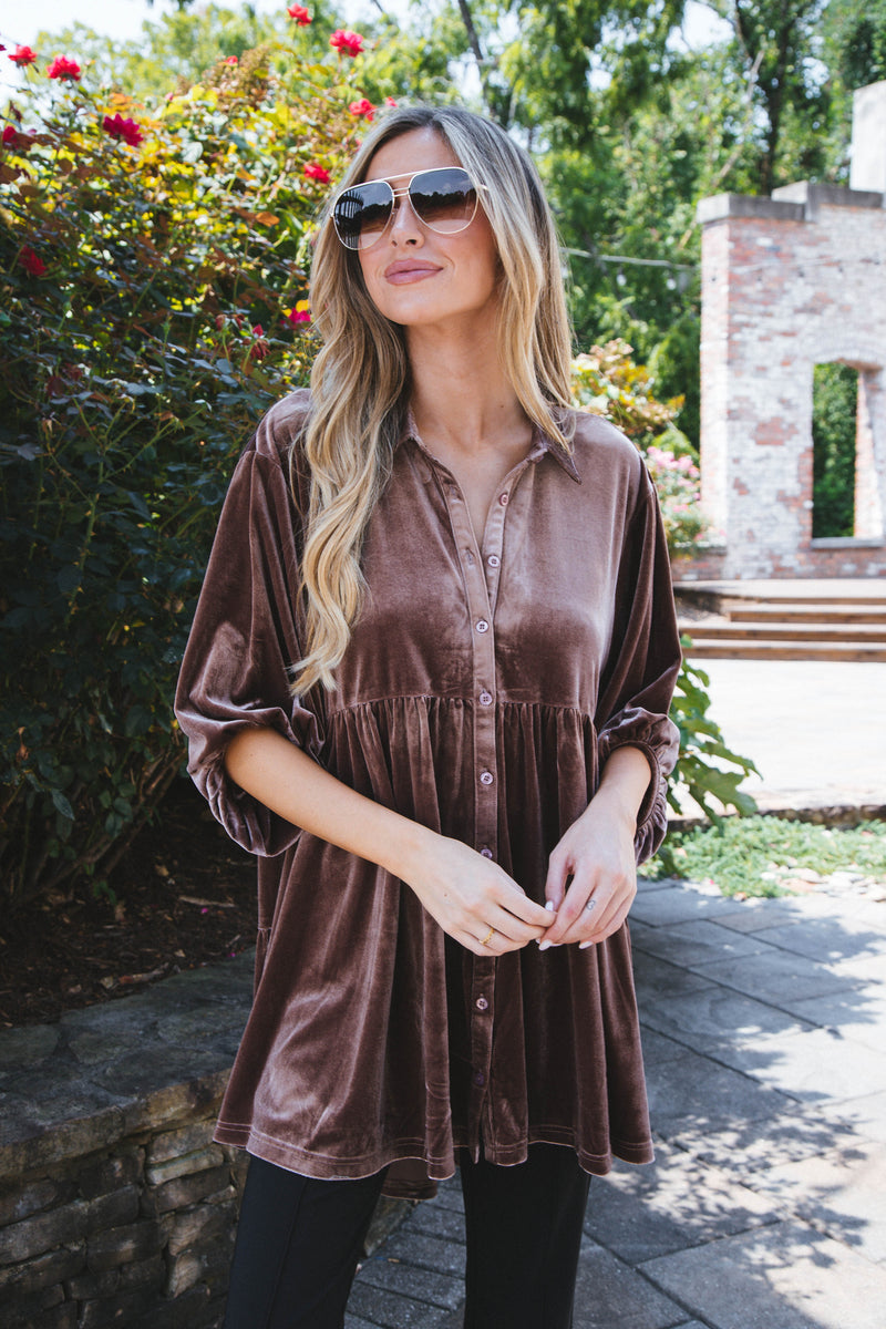 Vanna Velvet Babydoll Shirt, Almond