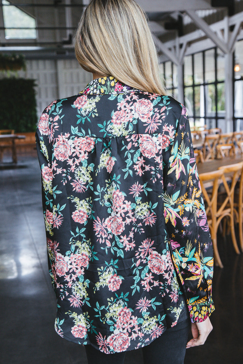 Novalee Printed Button Up Shirt, Black Mix