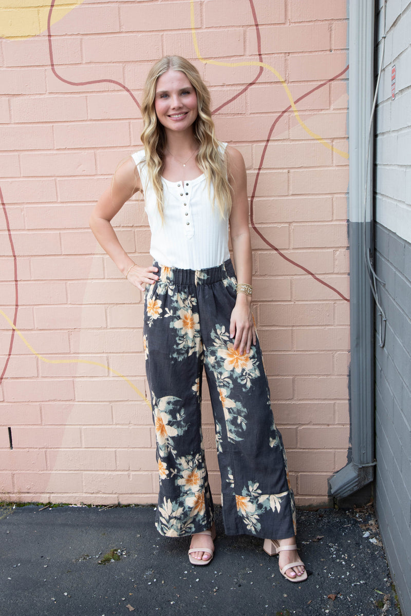 Days End Printed Linen Pant, Washed Black Combo Floral | Free People