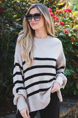 Rainy Day Striped Sweater, Light Taupe/Black