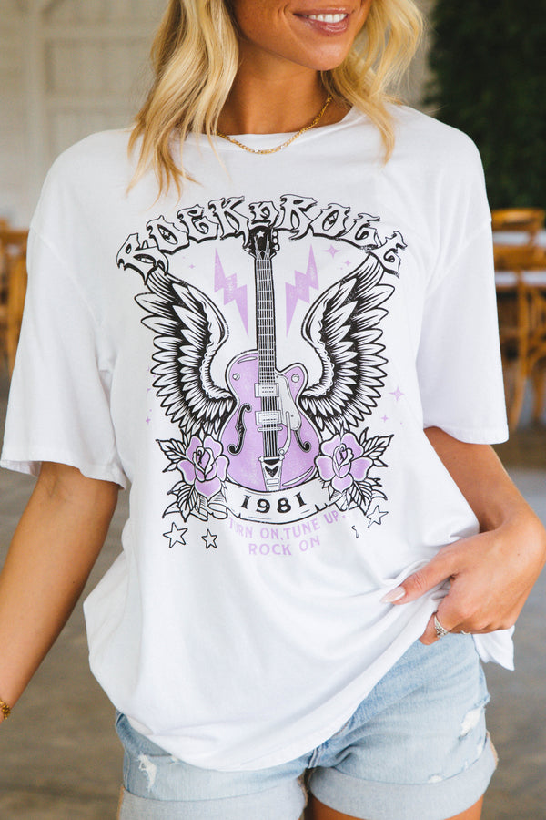 Rock N Roll Oversized Graphic Tee, White