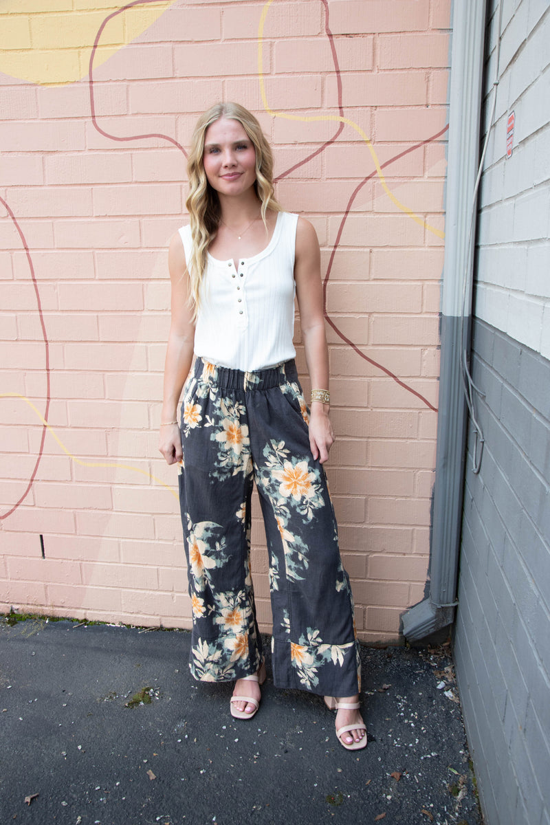 Days End Printed Linen Pant, Washed Black Combo Floral | Free People