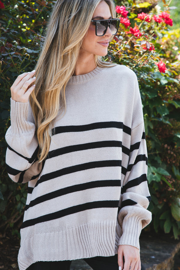 Rainy Day Striped Sweater, Light Taupe/Black