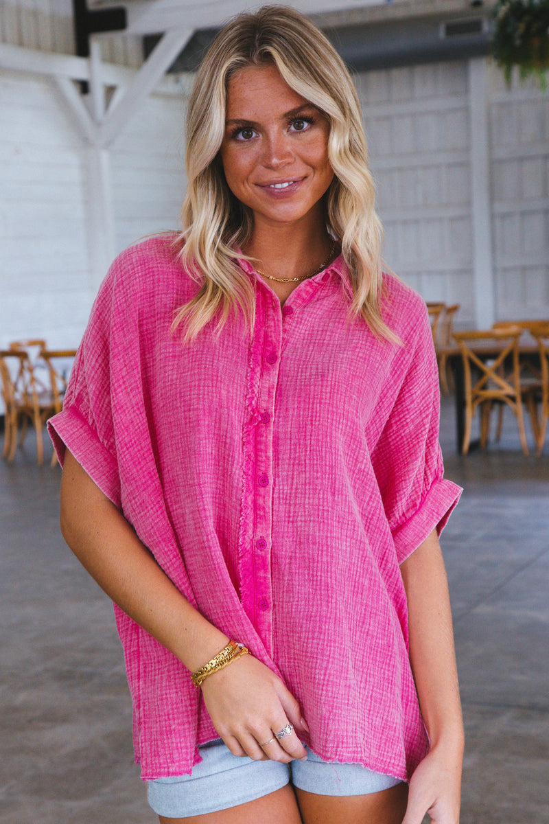 Callin Gauze Button Up, Hot Pink