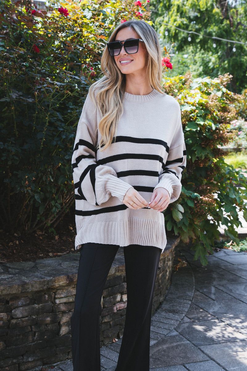 Rainy Day Striped Sweater, Light Taupe/Black