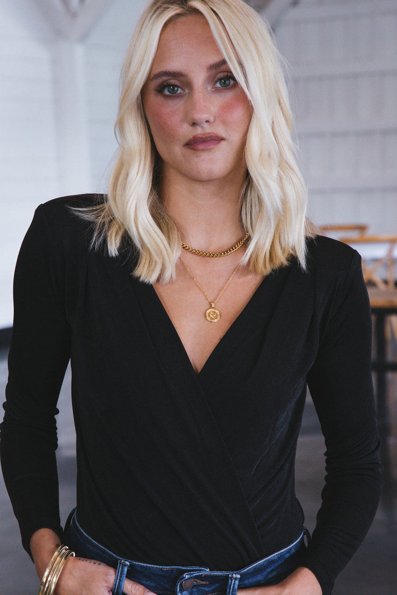 London Calling Surplice Bodysuit, Black