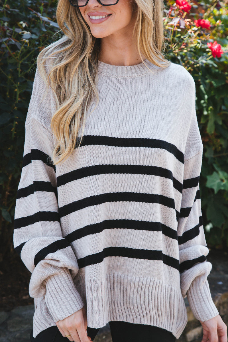Rainy Day Striped Sweater, Light Taupe/Black