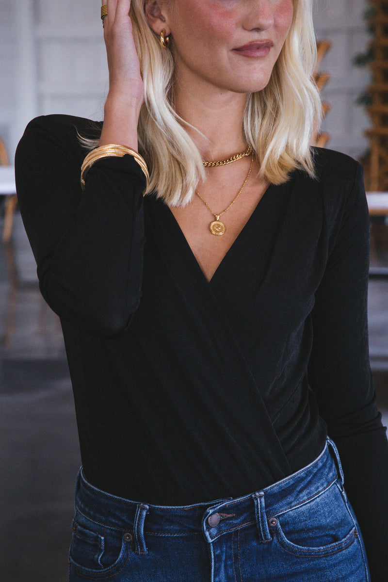 London Calling Surplice Bodysuit, Black