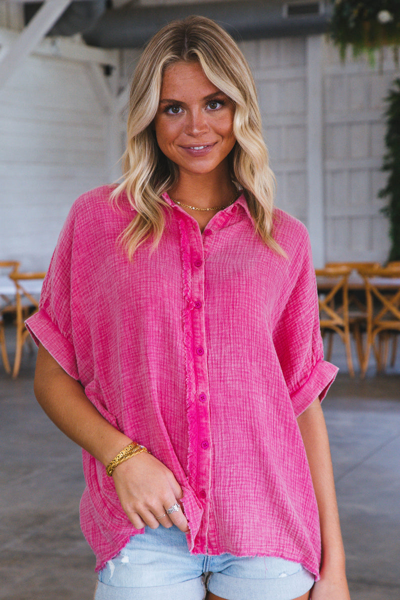 Callin Gauze Button Up, Hot Pink