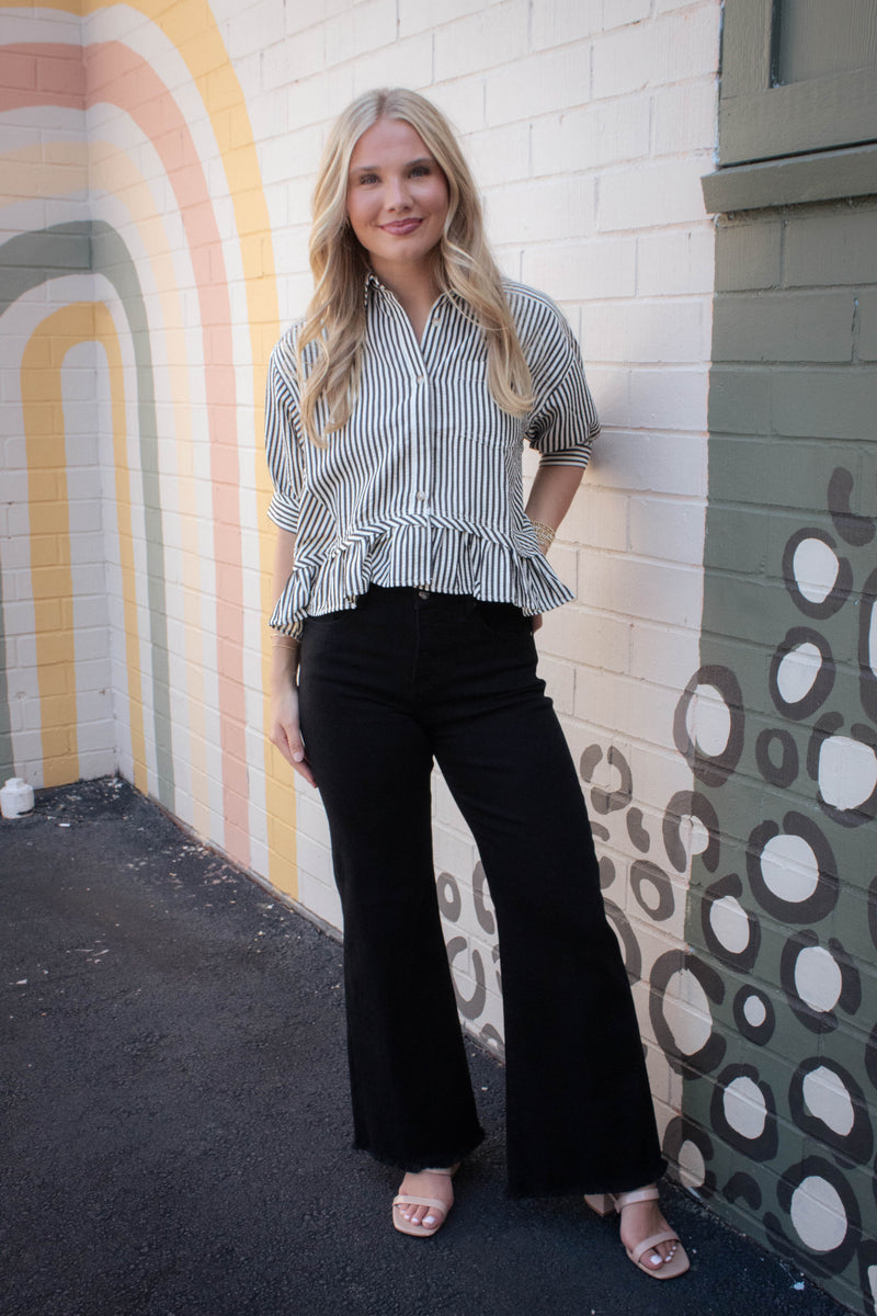Indie Striped Ruffle Hem Button Up Top, Black