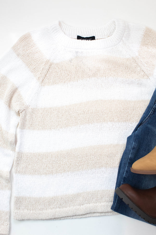 Stella Textured Raglan Sweater, White/Light Oak Stripe | Sanctuary