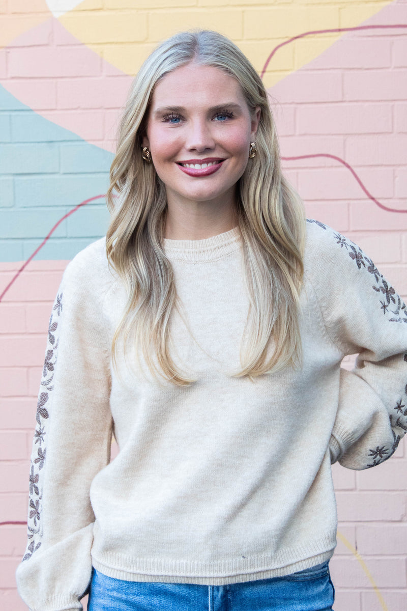 Angie Floral Embroidered Sweater, Oatmeal Brown